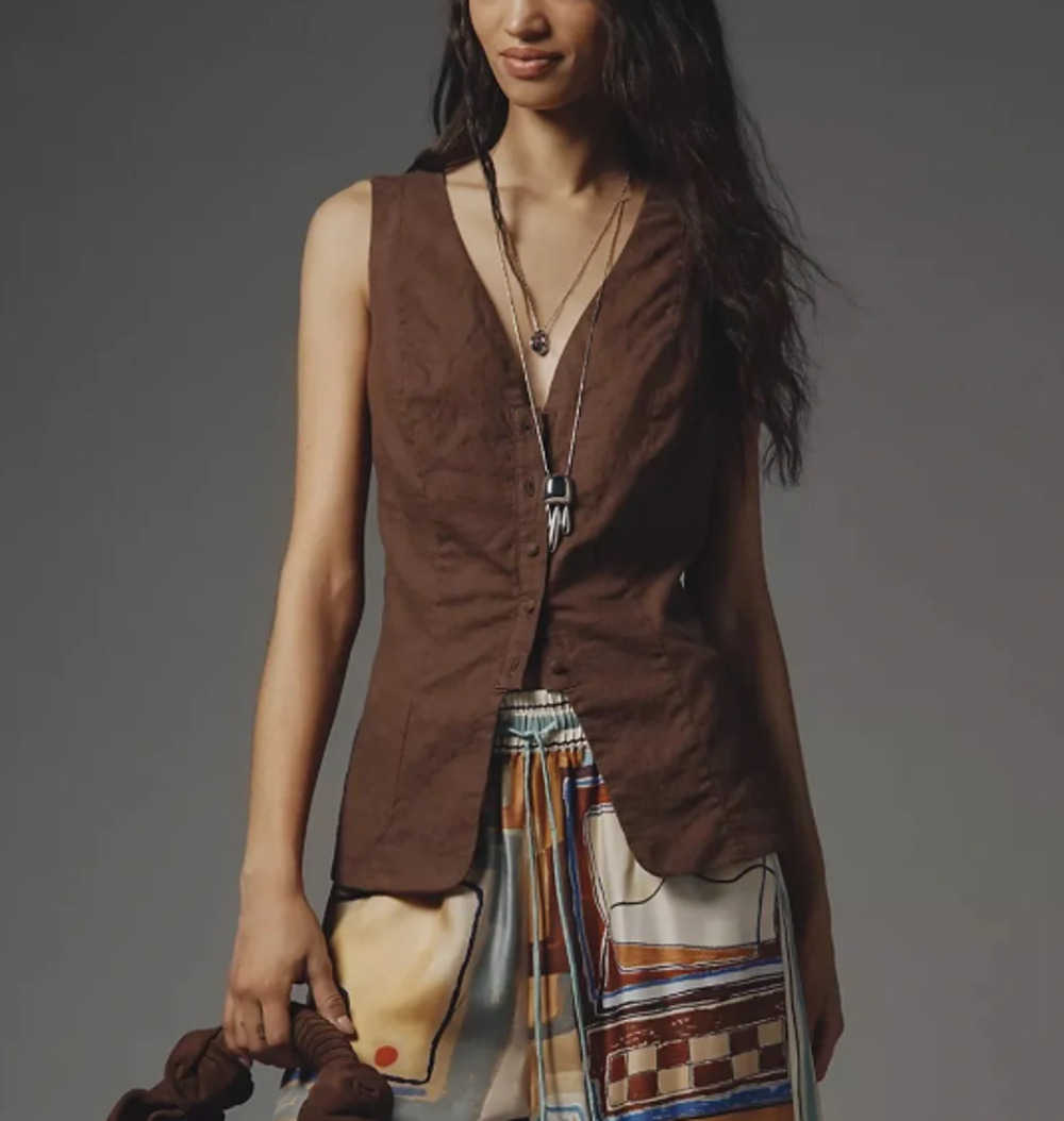 Anthropologie Sz XS Women's Brown Cutaway Longline Boho Vest